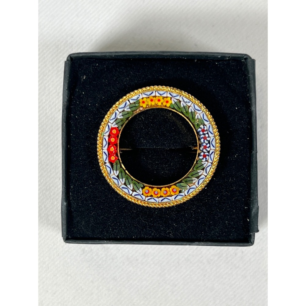 Vintage Italian Micro Mosaic Floral Wreath Brooch Gold Tone Round Pin Italy